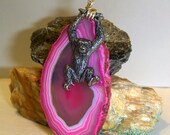 Animal Pendant Pink Agate Wire wrapped  with Monkey Charm - Pink Stone - Agate Slab Pendant