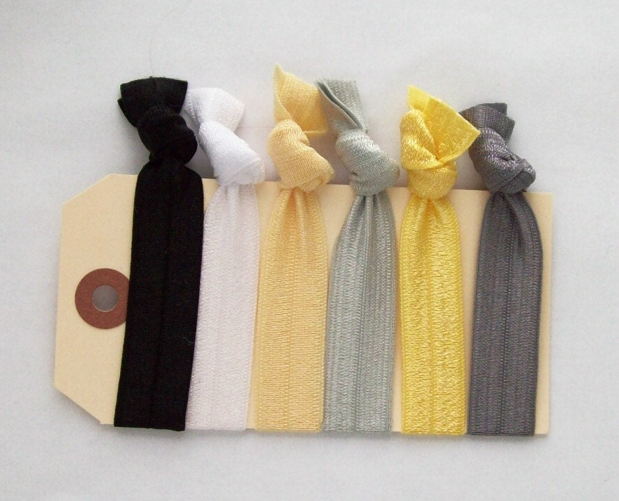 elastic hair ties graphic, grey yellows, black and white hair accessories  set of 6