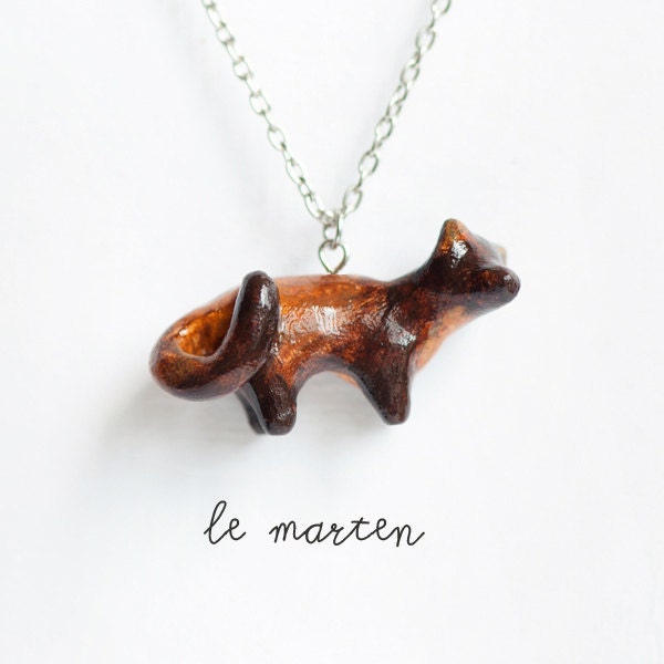 Woodland Animal Necklace - Le Stealthy Marten Totem, OOAK Tiny Animalé Sculpture