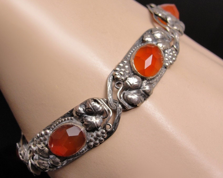 1920s German Arts & Crafts Bracelet Sterling Silver Amber Carnelian Stones Figural Grapes Leaves Art Deco Nouveau