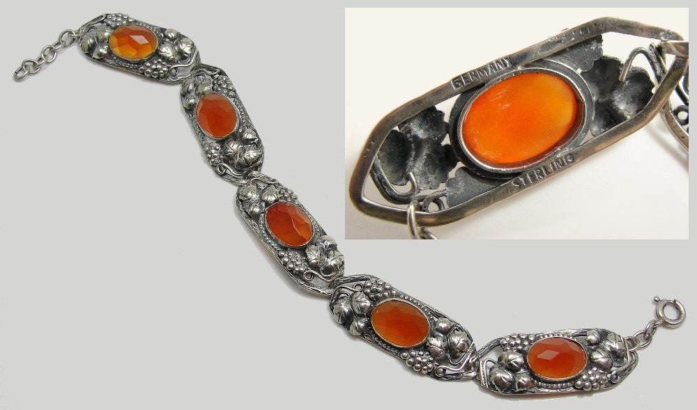 1920s German Arts & Crafts Bracelet Sterling Silver Amber Carnelian Stones Figural Grapes Leaves Art Deco Nouveau