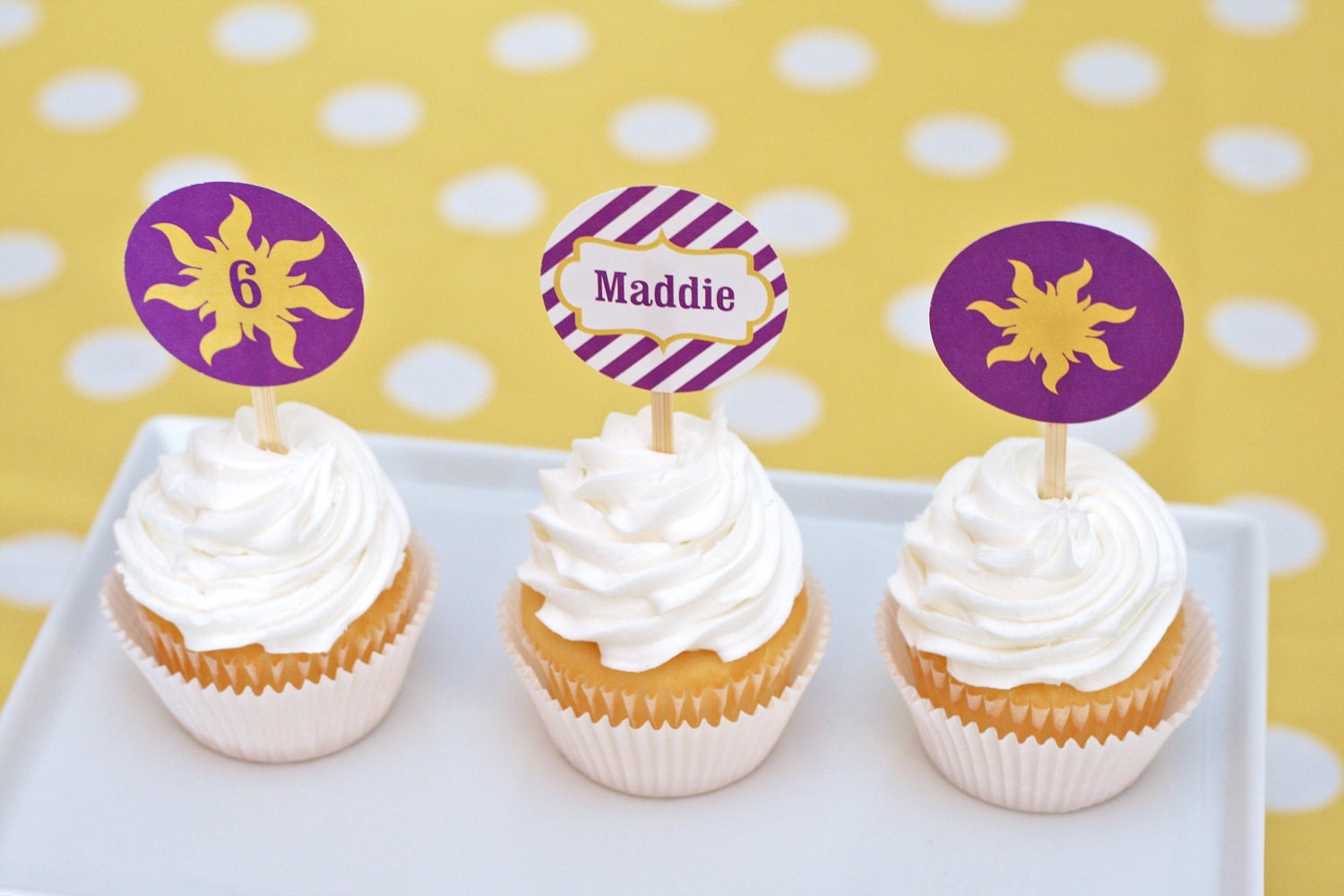 Rapunzel Party Cupcake Toppers & Stickers Printable PDF Customized with Birthday Girls Name