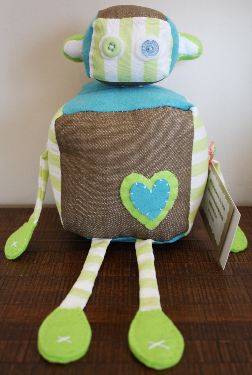 BOObeloobie Reu the Robot in Tan denim, blue suede and green and white cotton stripes