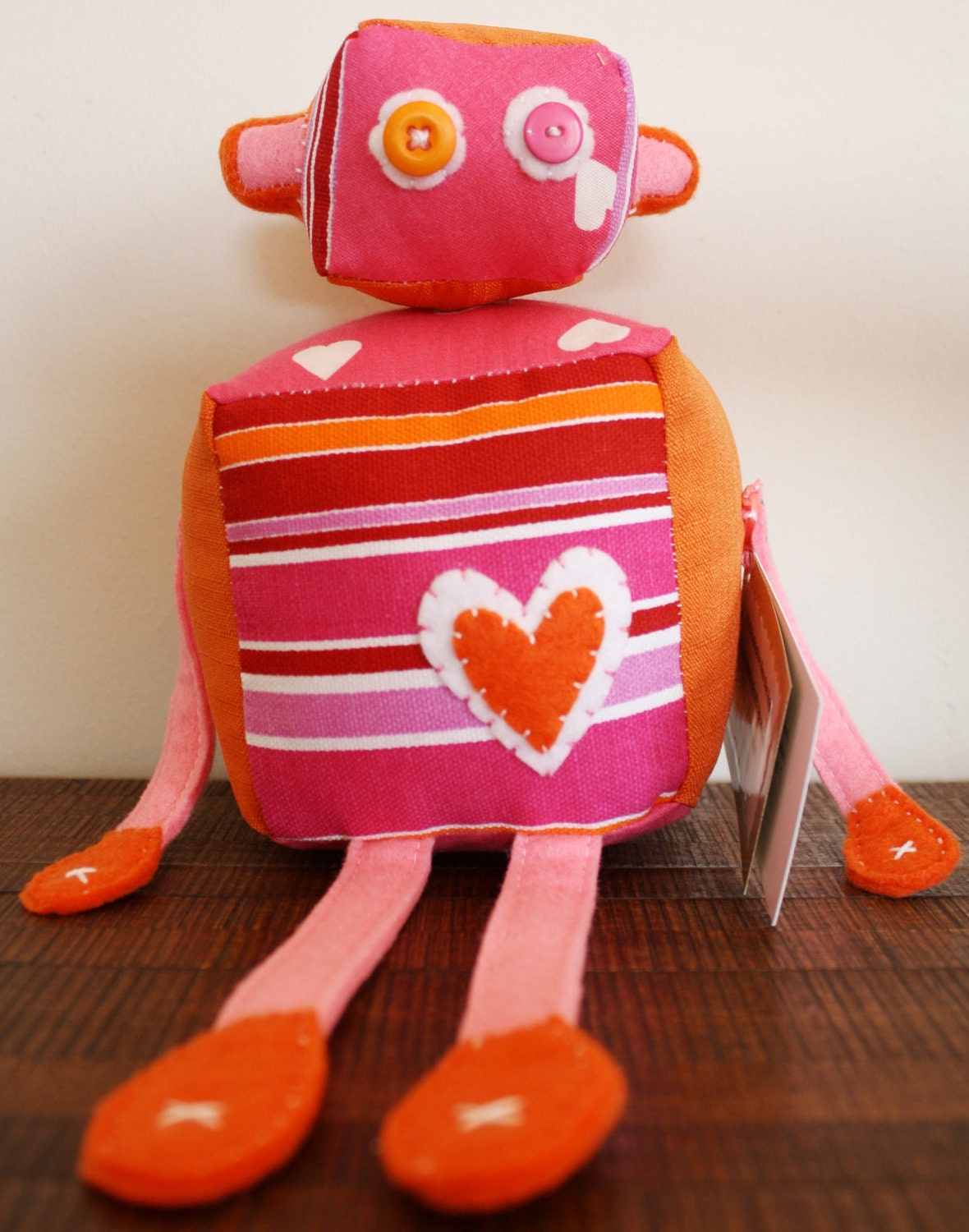 BOObeloobie Reu the Robot in Pink, Orange and white stripe and heart detail
