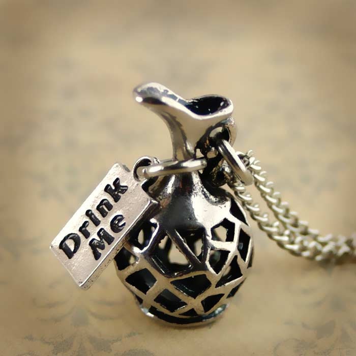 Alice In Wonderland Bottle Vial Necklace Drink Me antique silver