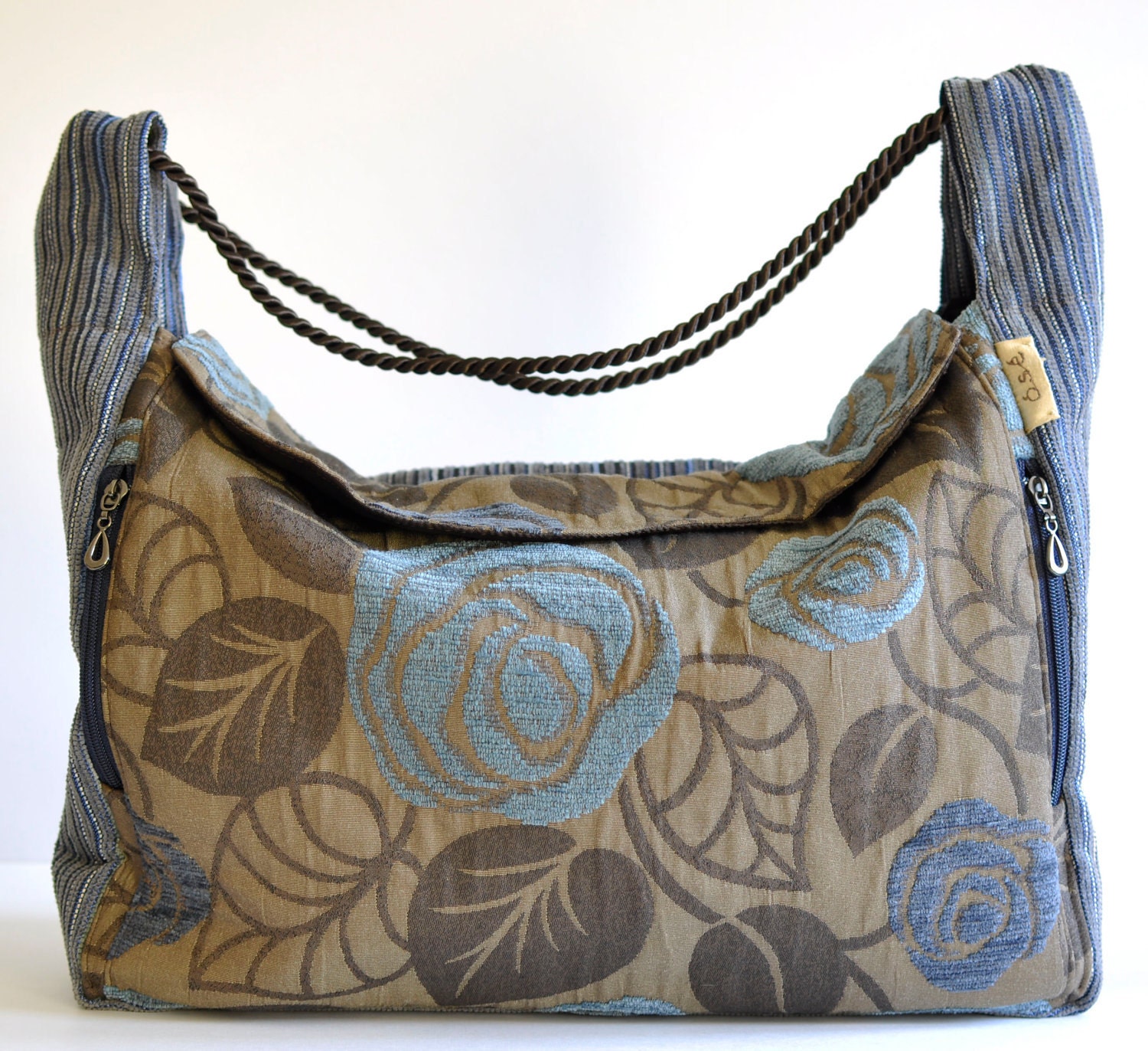 Big Blue and Brown Everyday Tapestry Fabric Shoulder Bag. Made to order.