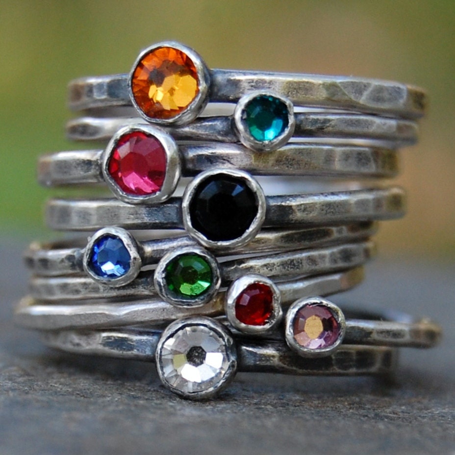 Sterling Silver and Swarovski Crystal - Stacking Ring Set of 2 - Your Size