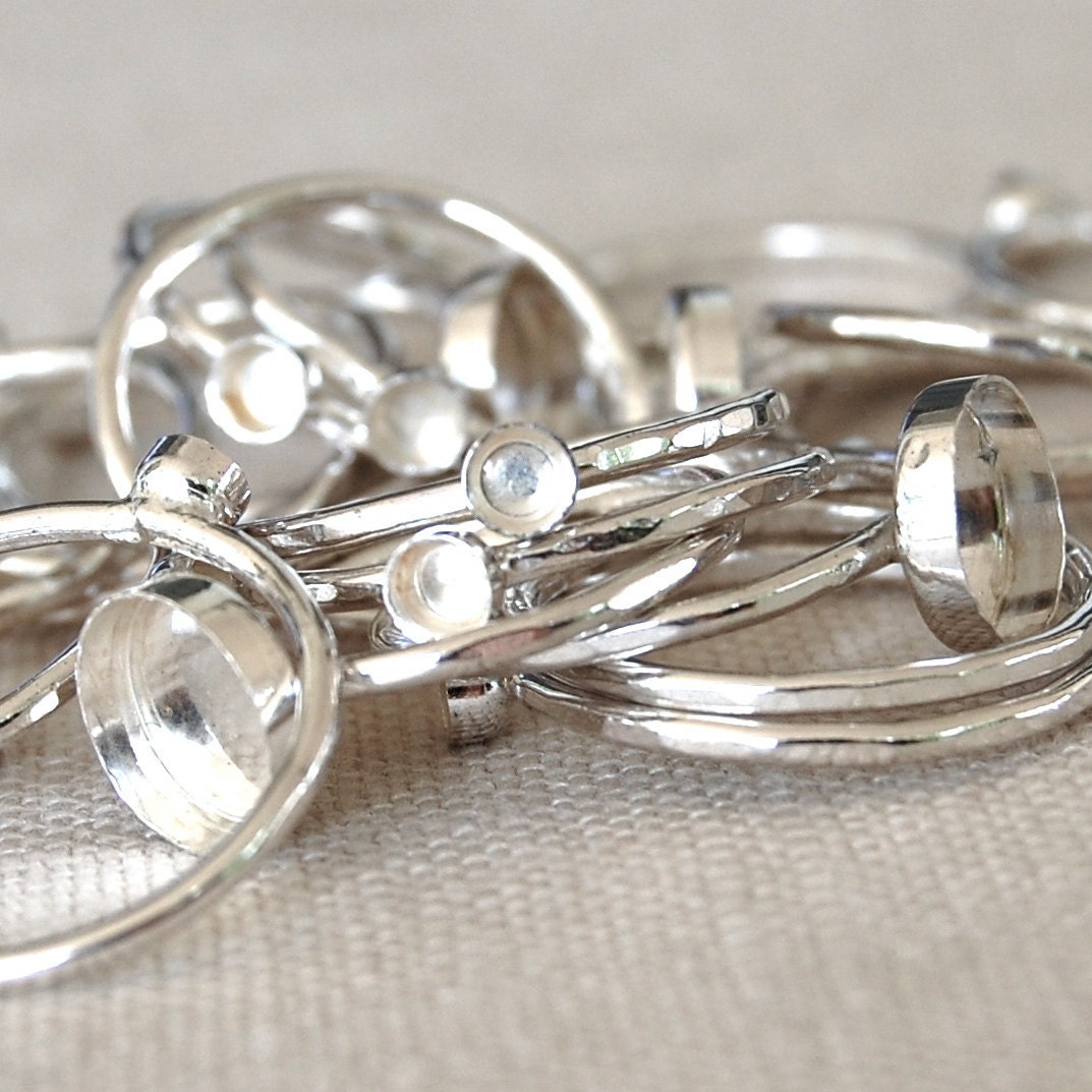 Five 3 to 8mm Bezel Cup Ring Blanks - Sterling Silver - Your Sizes