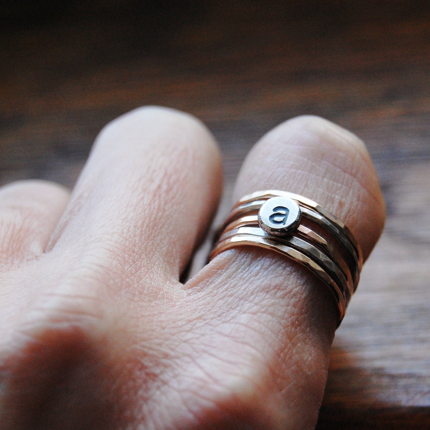 14K Gold Fill and Recycled Sterling Silver Stacking Rings - Monogrammed - Set of 5