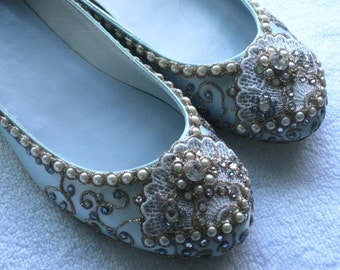 Cinderella's Blue Slipper Bridal Ballet Flats Wedding Shoes - Any Size - Pick your own shoe color and crystal color