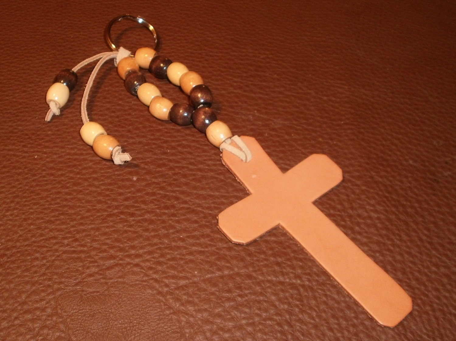 Leather Cross Prayer Bead Rosary Inspired Keychain