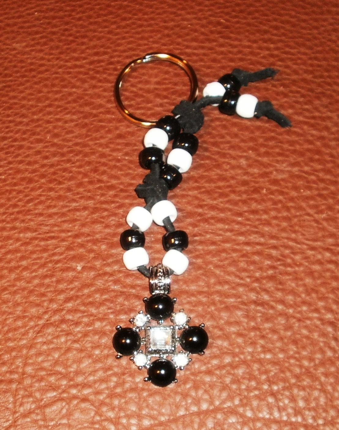 Gothic Black & White Bead Keychain with Charm