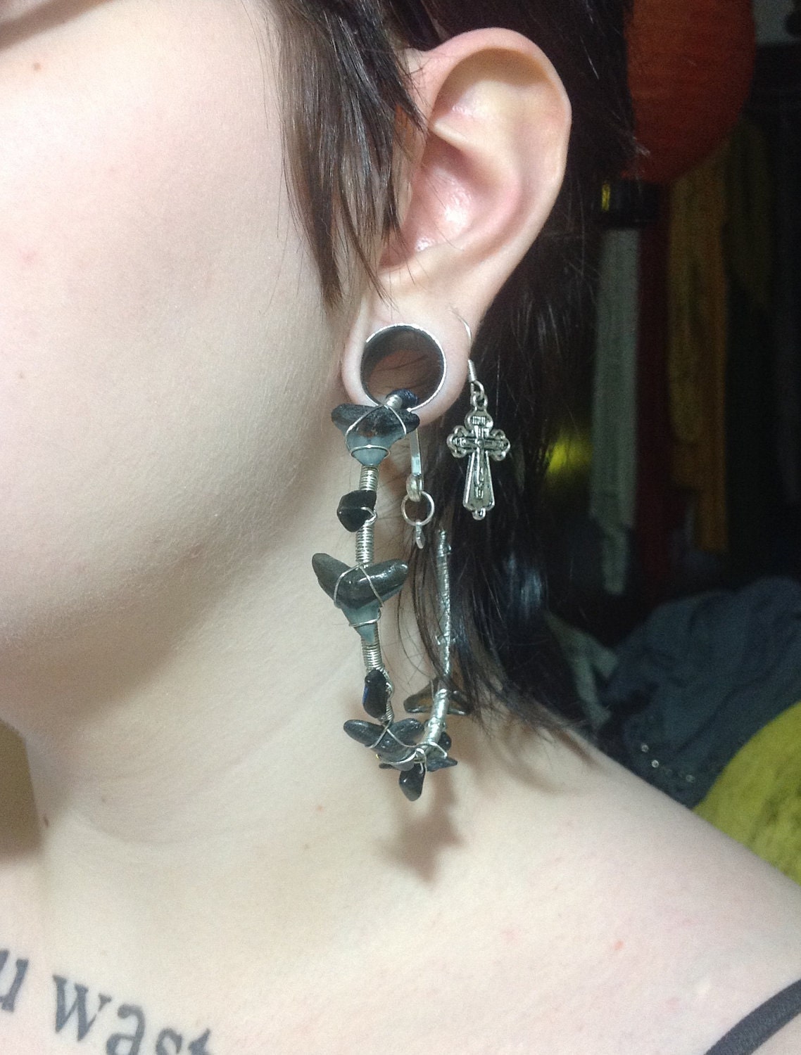 Shark tooth and rainbow obsidian hoop ear weights - 6 gauge