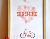 Hello Sunshine Typography Bicycle Girl Print retro modern nursery wall art print . 12x16 children decor