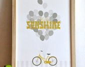 Hello Sunshine Typography Bicycle Print retro modern neutral nursery wall art print . 12x16 children decor