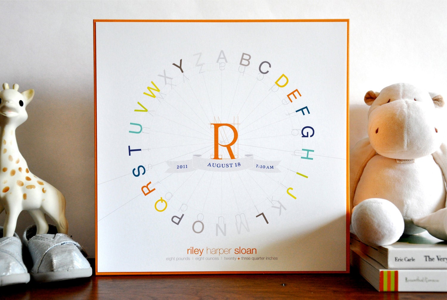 Alphabet Typography Color Wheel Birth Print 10x10 wood mounted modern nursery graphic . retro orange children decor - LittleInkPrint