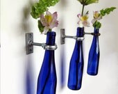 3 Cobalt Blue Wine Bottle Wall Flower Vases -  Wall Vase - Hanging Vase - gift idea for mom - Spring Flowers