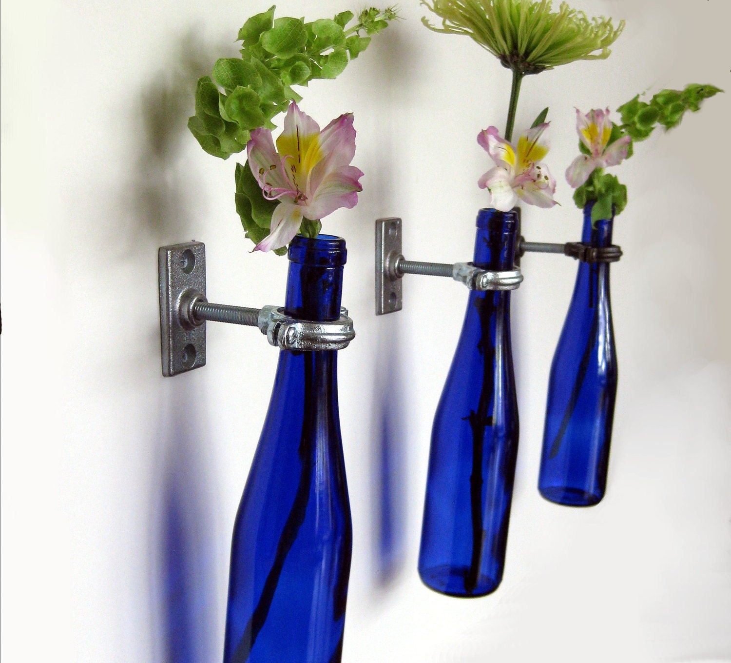 3 Cobalt Blue Wine Bottle Wall Flower Vases -  Wall Vase - Hanging Vase - gift idea for mom - Spring Flowers