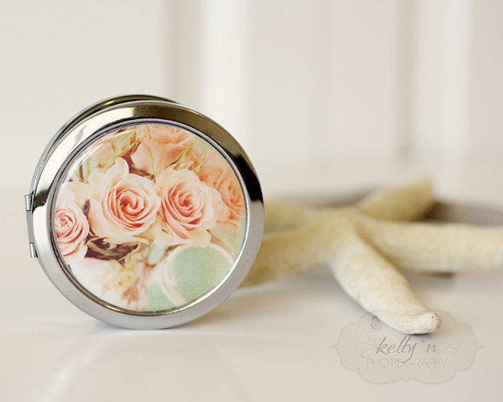 Photo Mirror Compact- "Shabby Sweet", Pink Rose Floral Teapot Photograph, 3" Double Sided Mirror- Engravable Gift Item - kellynphotography