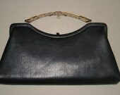 Vintage Black Leather Clutch with Gold Handle
