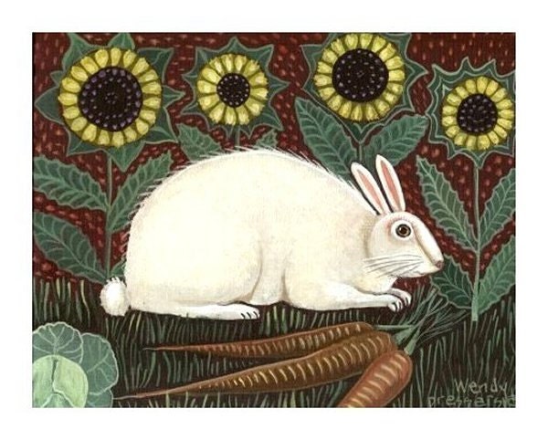 BUNNY RABBIT and SUNFLOWERS - Charming Folk Art Print - an Original Signed Fine Print by Wendy Presseisen - Owls- birds- Baby