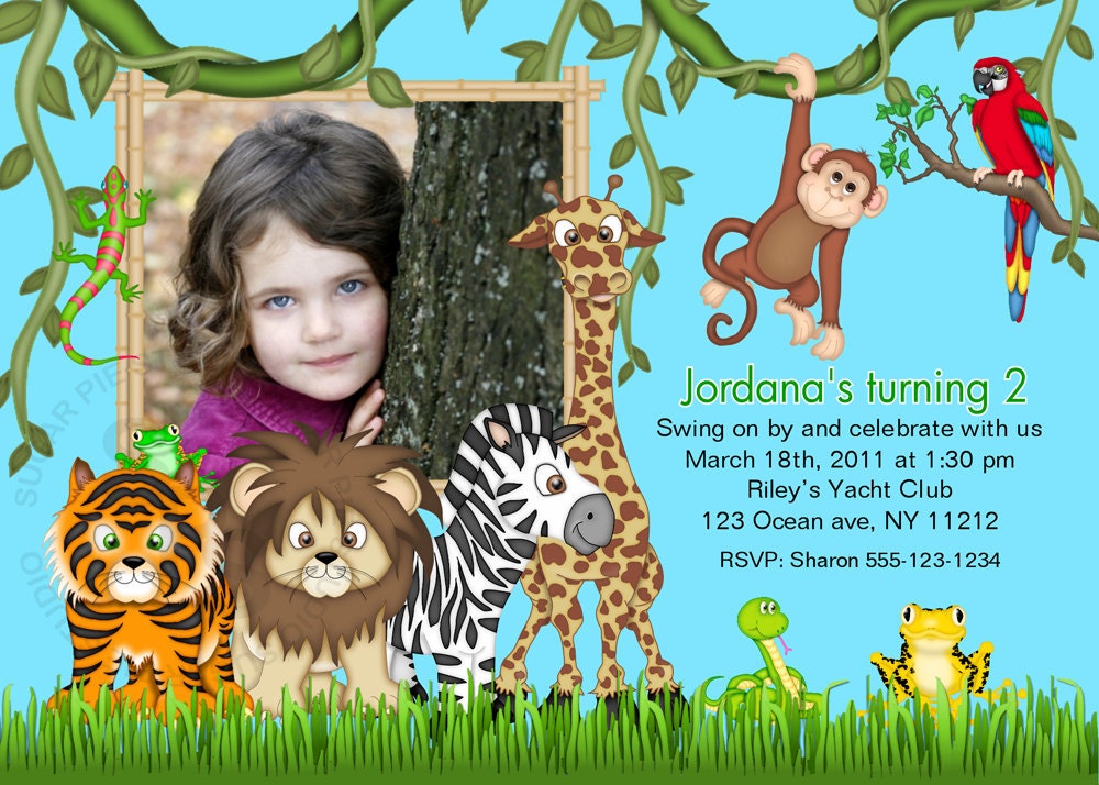 Jungle Safari Zoo animals your photo girl boy Birthday party, Invitation or thank you Custom Personalized Digital File, DIY Printable