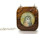 wooden owl necklace, hand painted pendant- spring jewelry - circle square geometric necklace- modern jewelry -winery wood