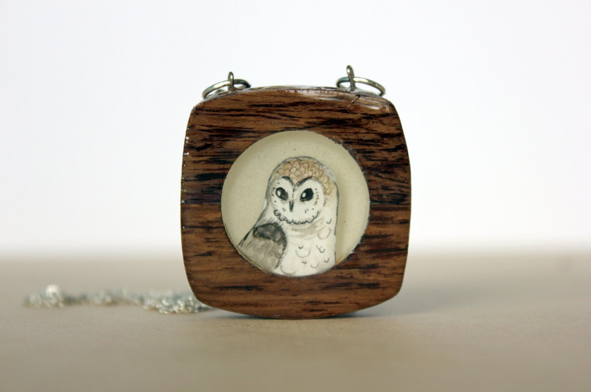 wooden owl necklace, hand painted pendant- spring fashion - circle square geometric necklace- modern jewelry -