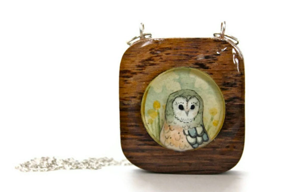 wooden owl necklace, hand painted pendant- spring jewelry - circle square geometric necklace- modern jewelry -winery wood