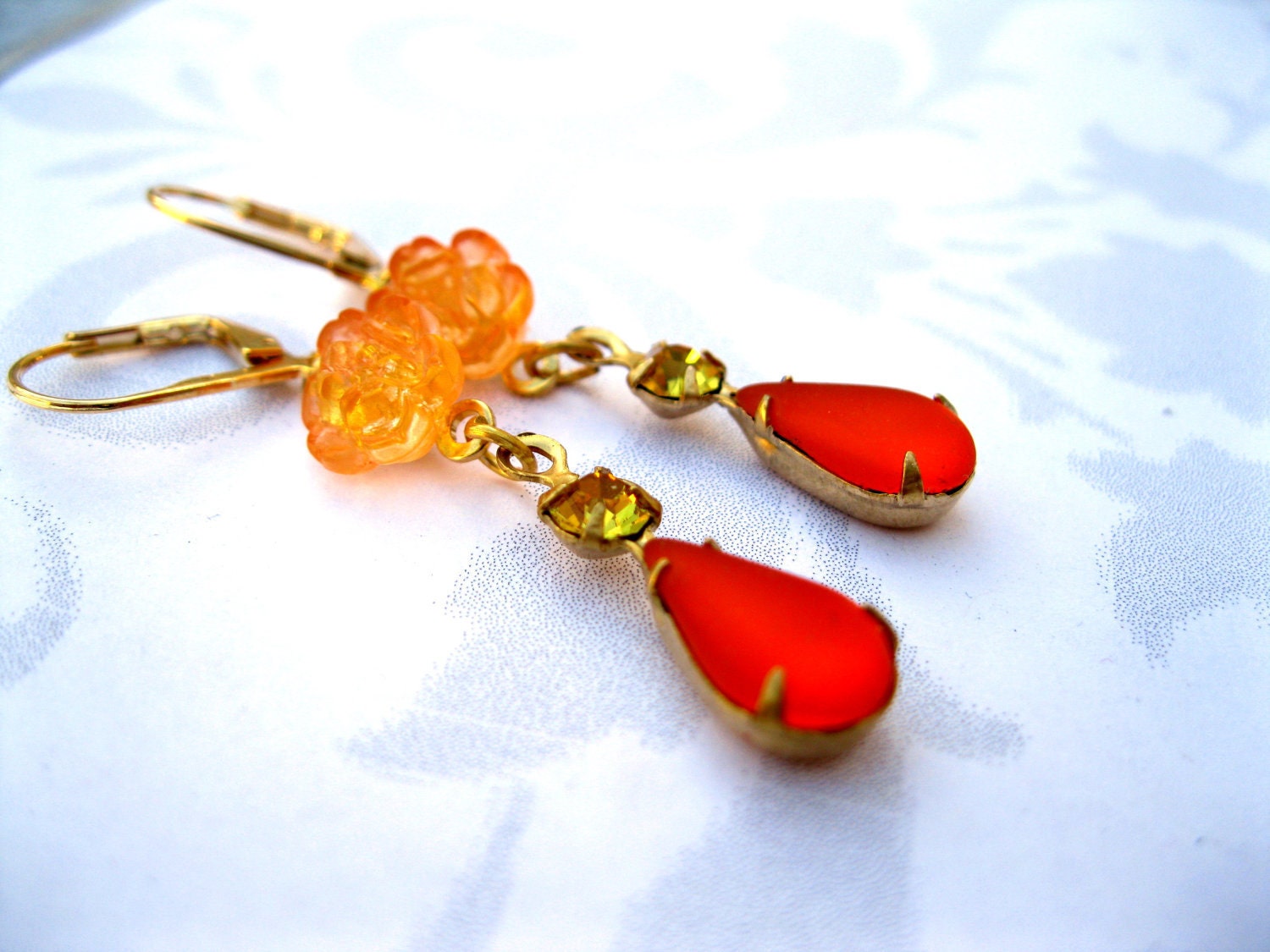 Earrings Vintage Dangle Handmade Jewelry SPRING vintage orange Flower TANGERINE CREME rhinestone earrings Rhinestones Handmade Earrings