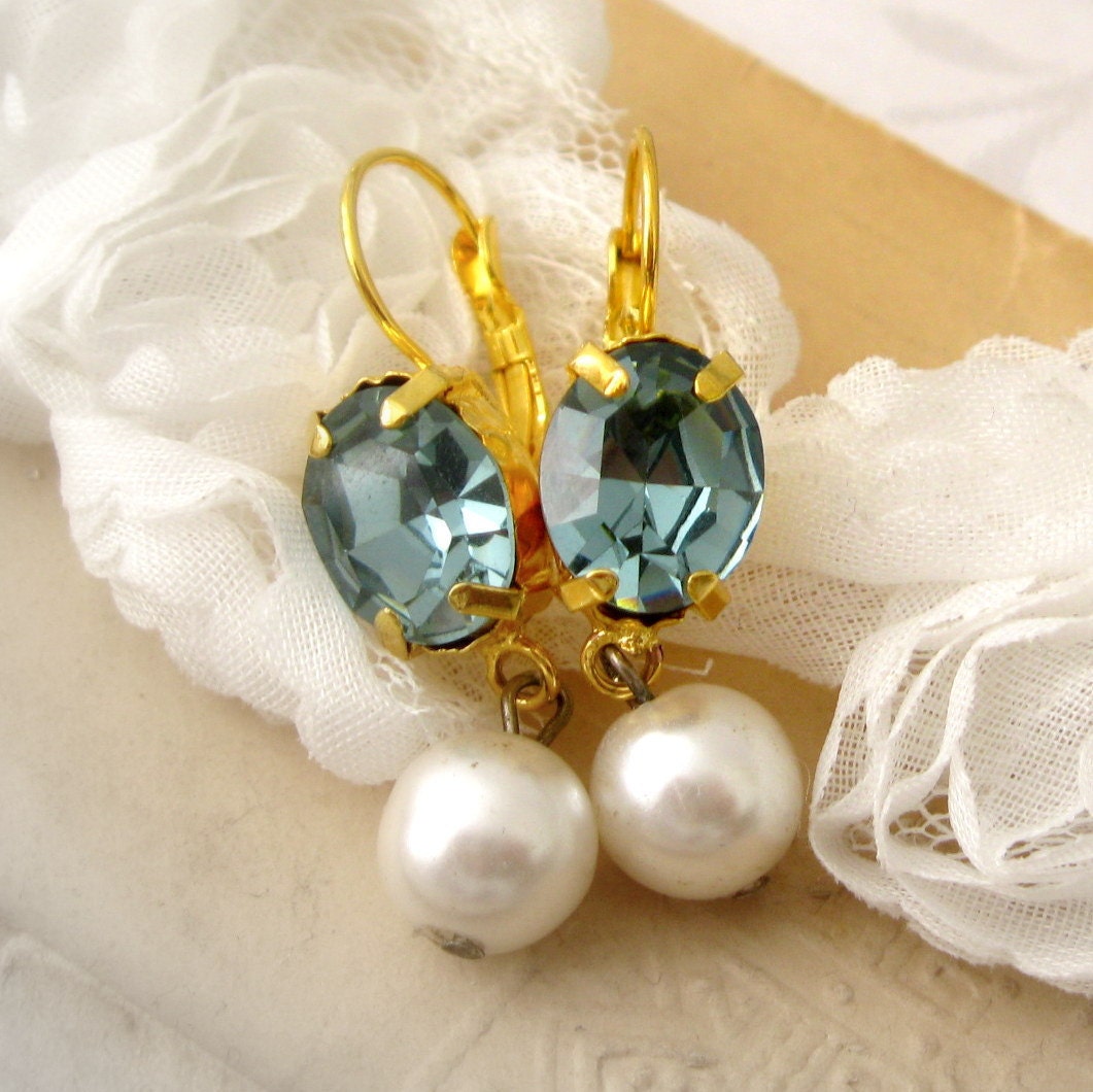 Jewelry Earrings Dangle Montana Blue Earrings Vintage Pearl Swarovski Crystal gold GIRL WITH a PEARL Earrings Handmade Estate Jewelry