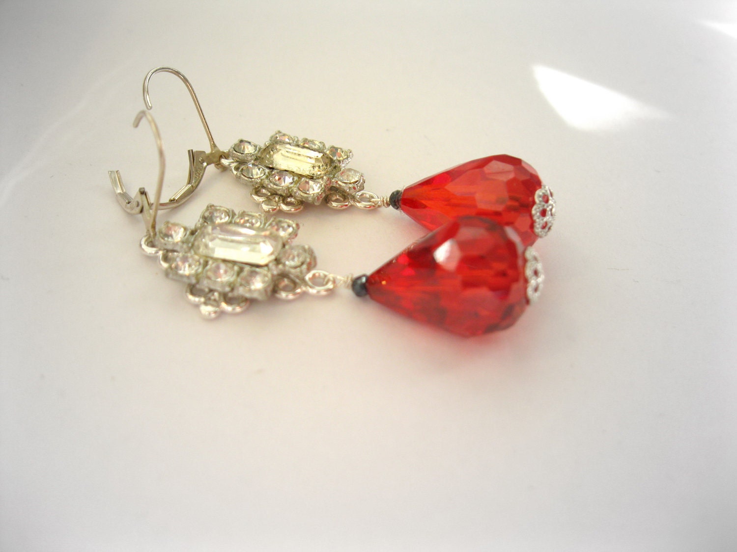 Handmade Earrings Vintage Deco Rhinestone Earrings Dangle Earrings Red CZ Sterling Cubic Zirconia Teardrop