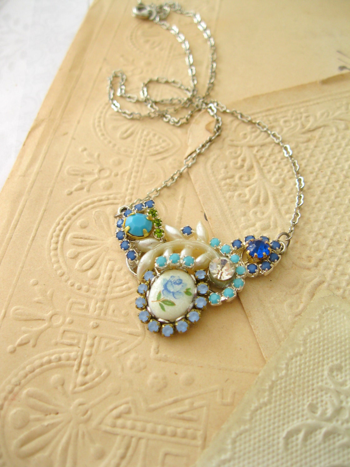 Vintage Flower Necklace Floral necklace SOMETHING BLUE Necklace Silver Blue turquoise aqua Bridal Free Shipping