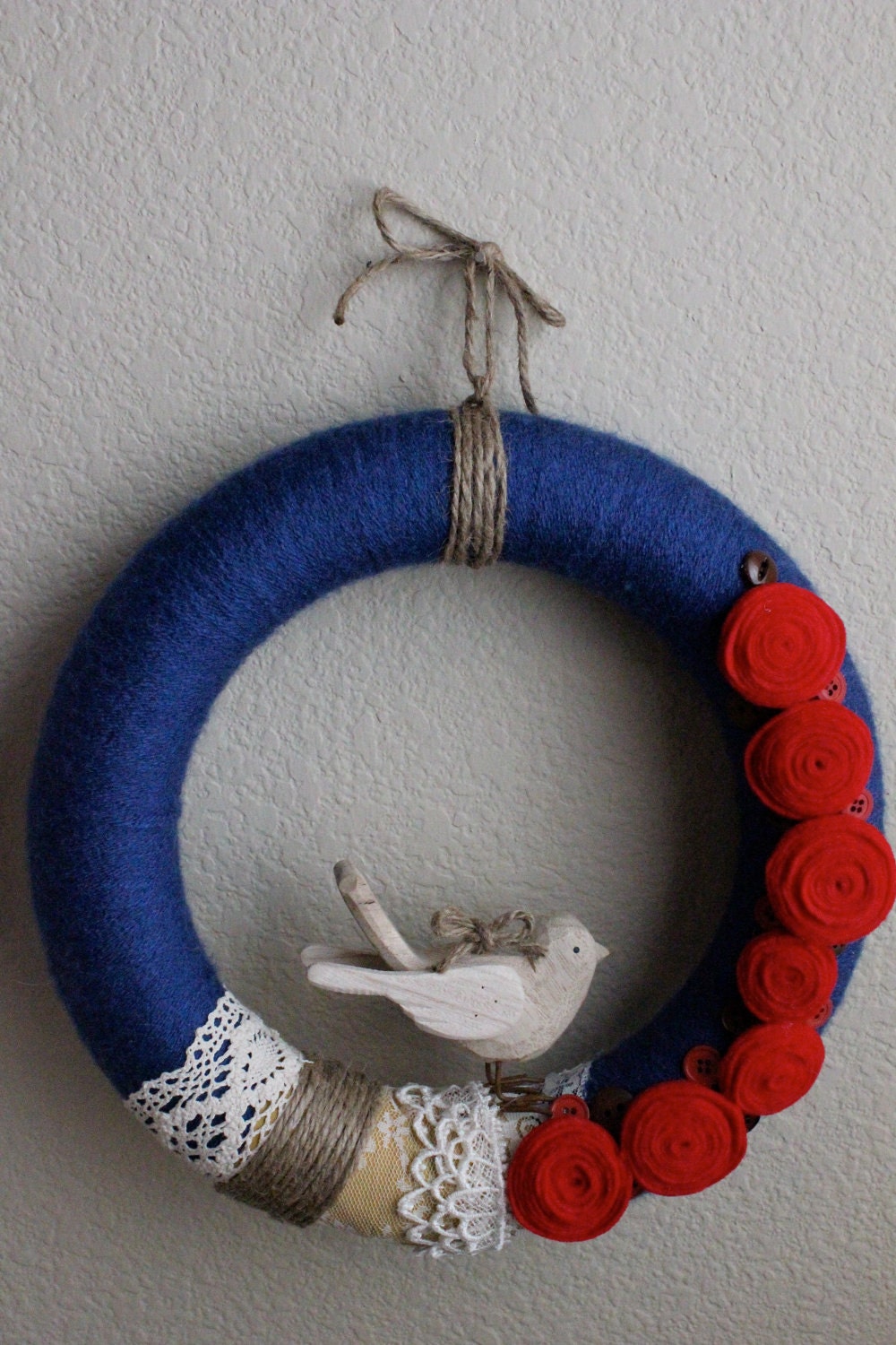 Ready to SHIP - Americana Shabby Chic Bird 12 inch Handmade Wreath by HotGlueHangover