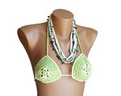 Crochet Cotton Bikini Swimsuit in Light Green and Vanilla with Beaded Necklace - Summer Fashion - Women Teens Beach Accessories - Swimwear
