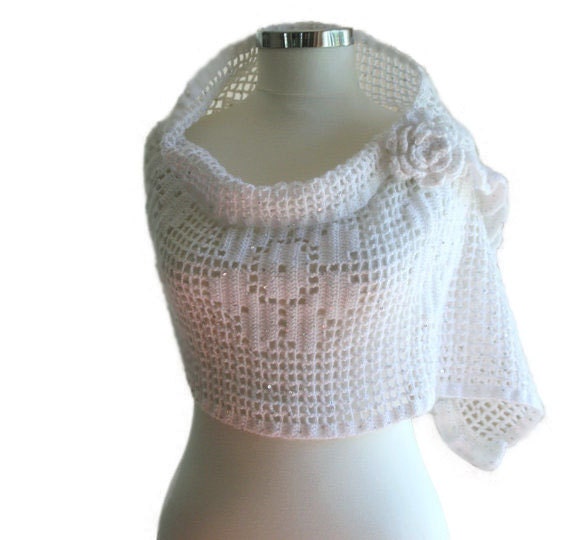 Sequined Scarf in Winter White with Roses and Flower Brooch - Bridal Shrug - Wedding Accessories - Womens Wrap - Elegant Shawl