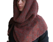 Hooded Knit Poncho in Burgundy and Teal - Chunky Cowl - Neck Warmer Scarf - Snood - Winter Fashion - Women Teens Accessories