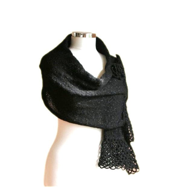 Black Sparkled Scarf with Flower Brooch and Lace Trim - Women's Wrap - Elegant and Chic Shawl - Spring Fall Winter Fashion