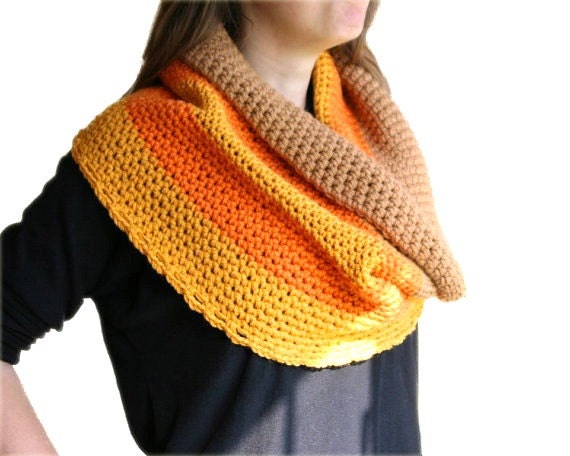 Striped Chunky Cowl in Camel Brown, Mustard Yellow and Orange - Fall Winter Fashion - Women Teens Accessories