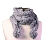 Braided Alpaca Scarf with Pom Pom in Grey - Gray Scarflette - Fall Winter Fashion - Teens Women Accessories