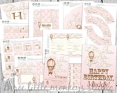 Custom Vintage Pink Hot Air Balloon Party - Invitation, Cupcake Toppers, Banner and More
