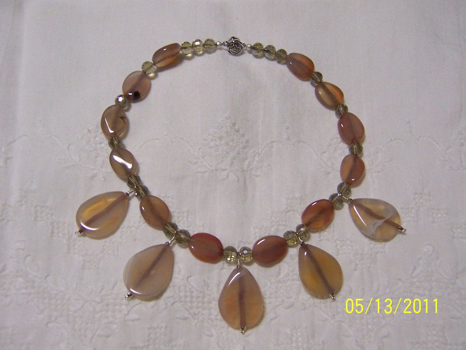 FREE SHIPPING. Pear and Oval Pink agate and crystal necklace. sterling silver.