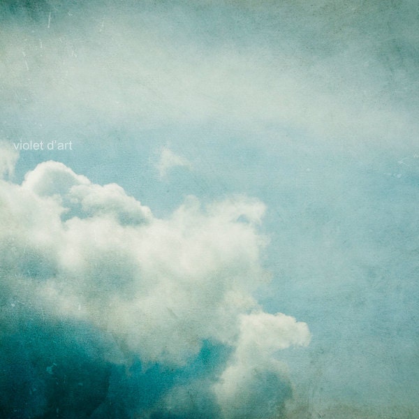 25% Off SALE Up There. Original Fine Art Sky Photograph. 8x8 Signed. clouds, white, aqua, cyan, blue, turquoise. texture. home decor