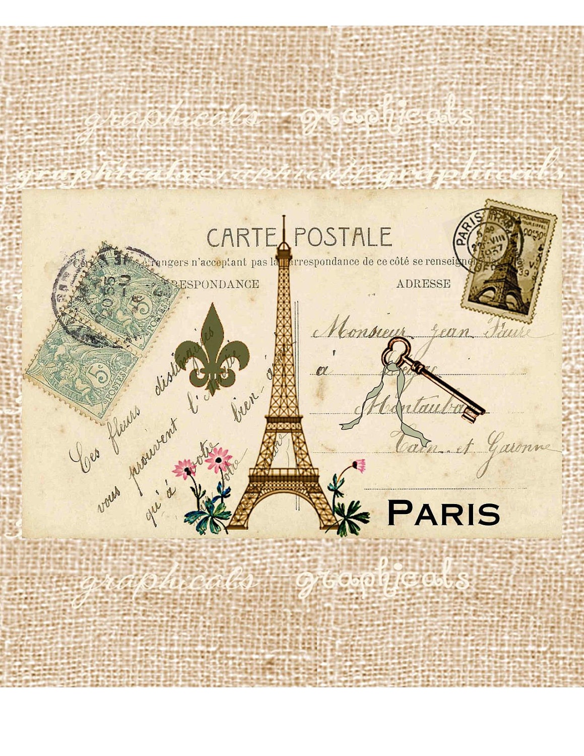 Paris digital download image Carte Postale Eiffel Tower French ephemera fleur de lis transfer to fabric paper burlap pillows totes No. D12