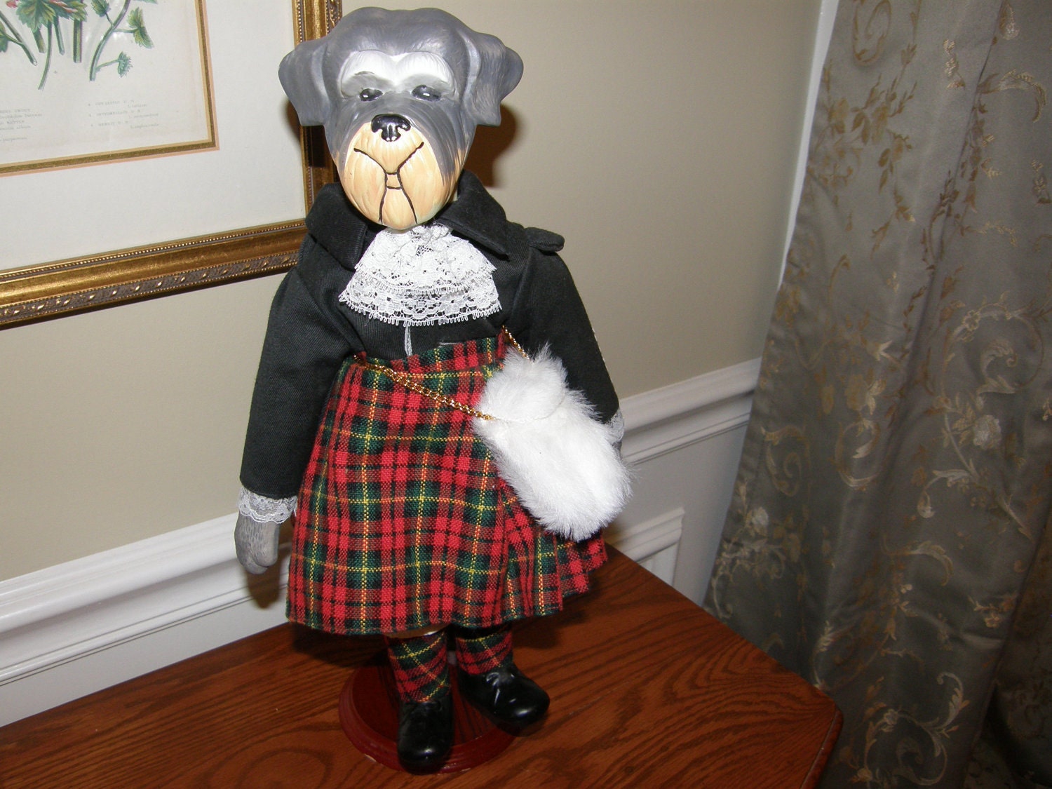 Porcelain Dog Doll Collectible Tartan Plaid Kilt Scotty Highland Terrier with a Stand REDUCED