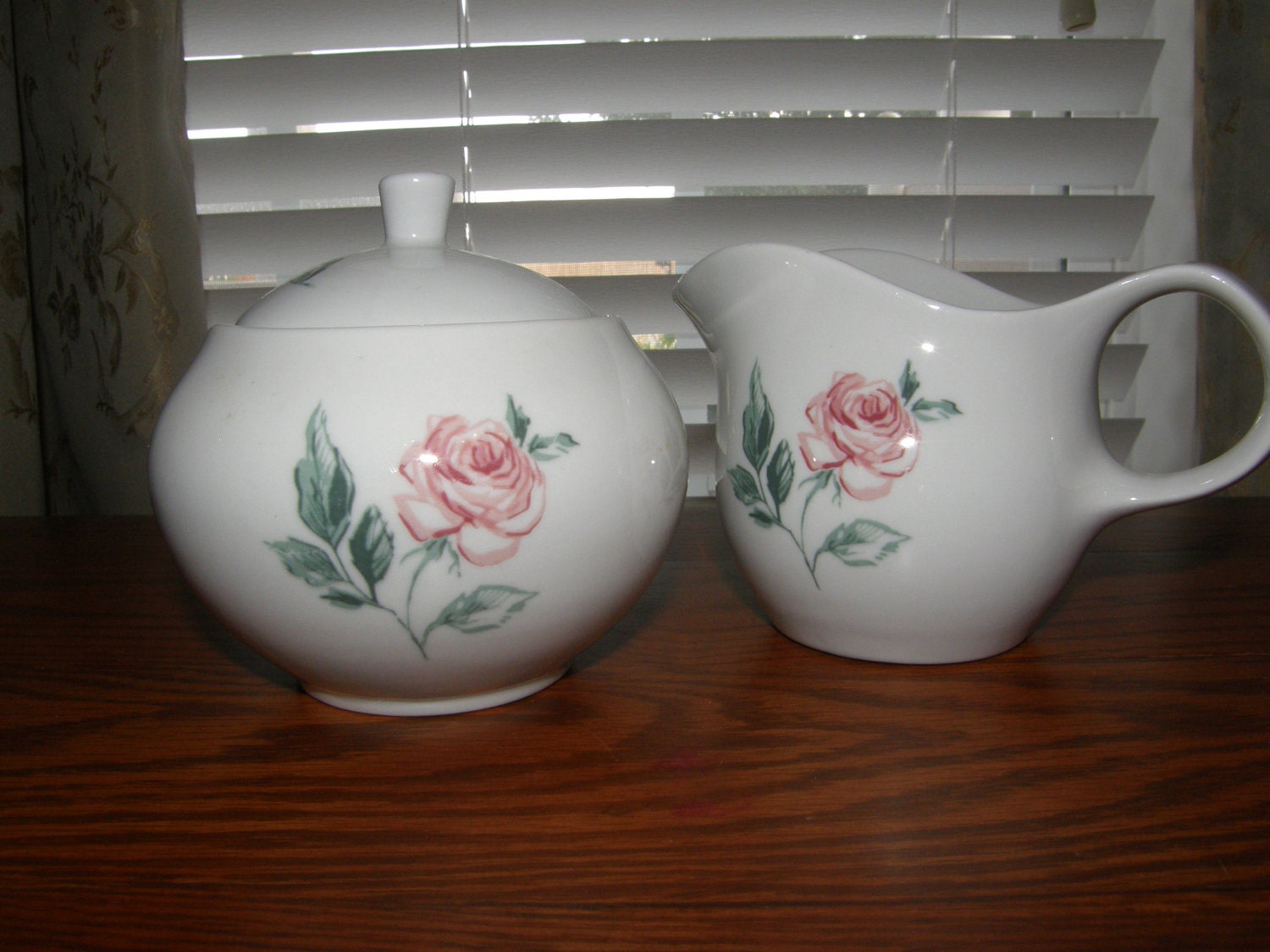 Vintage American Made Kenmark Rose Design Cream Pitcher and Covered Sugar Bowl