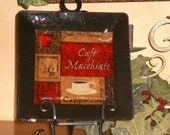 Coffee Decor Plate, Decorative Decoupage Glass Plate, Cafe Style, Java Collection - CAFE MACCHIATO 10" Square Platter, Black Red Brown