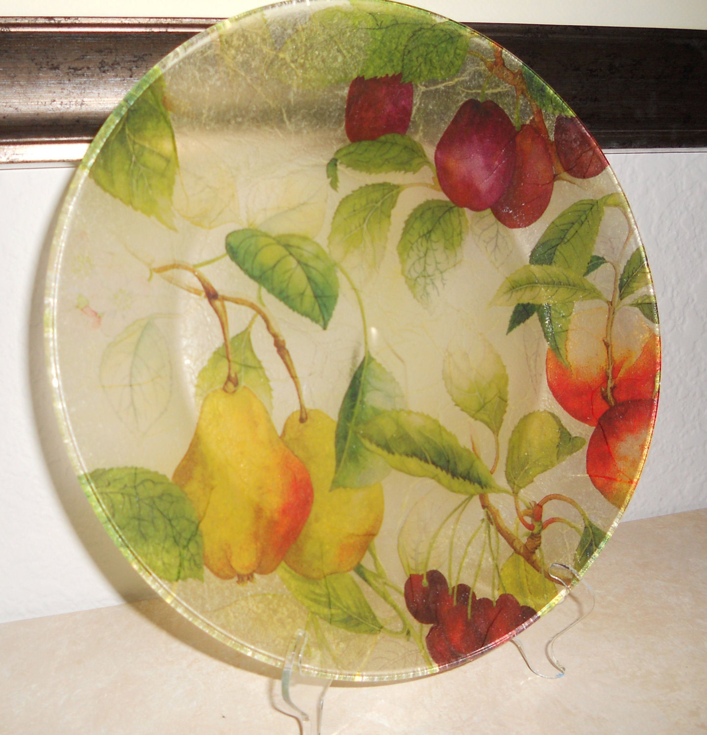 LUSCIOUS FRUIT Decorative Decoupage Glass Plate/Fruit Plate Semi Transparent Decoupage Plate 10.5", Kitchen Decor, Pears Apricots Cheries