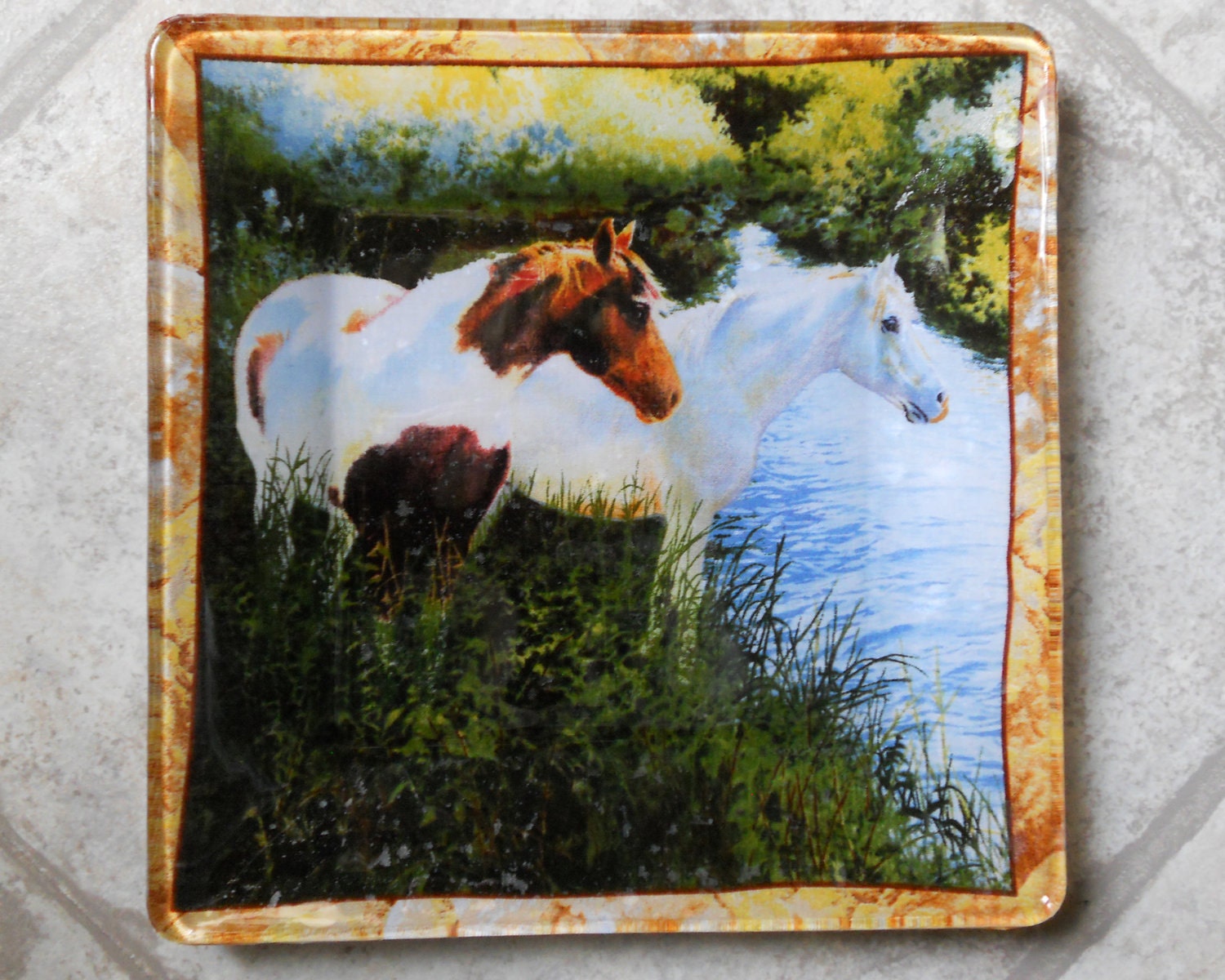 Horses Decorative Decoupage Glass 10" Square Platter, "BY THE RIVER"  Horse Platter, Horse Decor, 2 Horses and a Pinto Foal