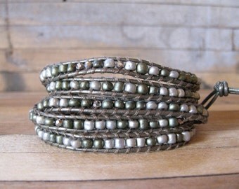 Rock and Roll metallic leather, matte silver, matte gold, gun metal crystal, beaded wrap bracelet